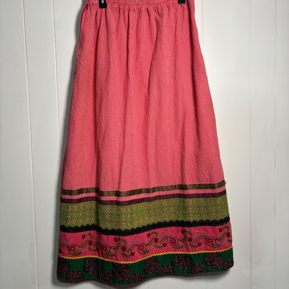 Red White Striped Seersucker Embroidered Floral Paisley Maxi Skirt Mixed Pattern